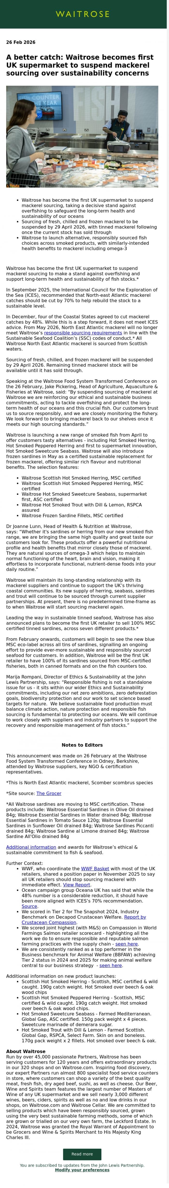 Email Design Inspiration from John Lewis Partnership, A better catch: Waitrose becomes first UK supermarket to suspend mackerel sourcing over sustainability concerns