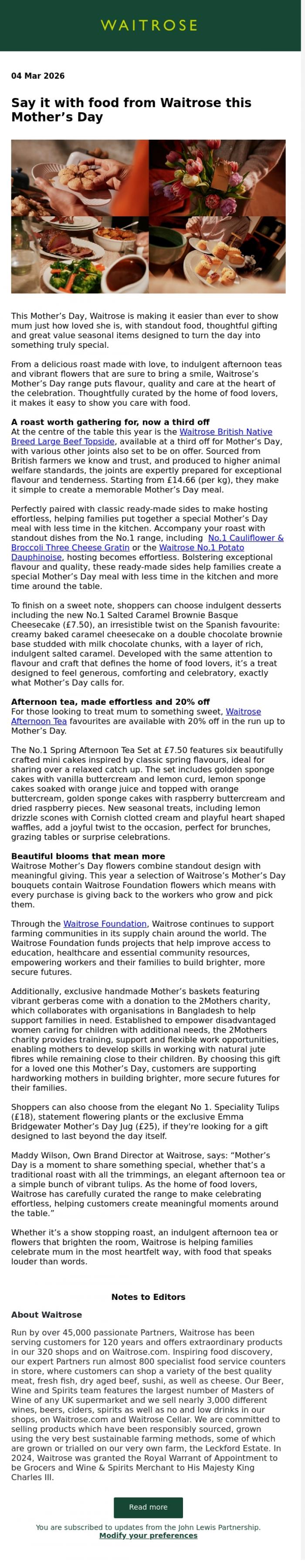 Email Design Inspiration from John Lewis Partnership, Say it with food from Waitrose this Mother's Day