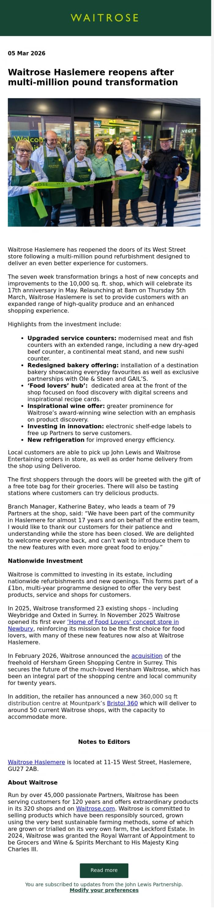 Email Design Inspiration from John Lewis Partnership, Waitrose Haslemere reopens after multi-million pound transformation