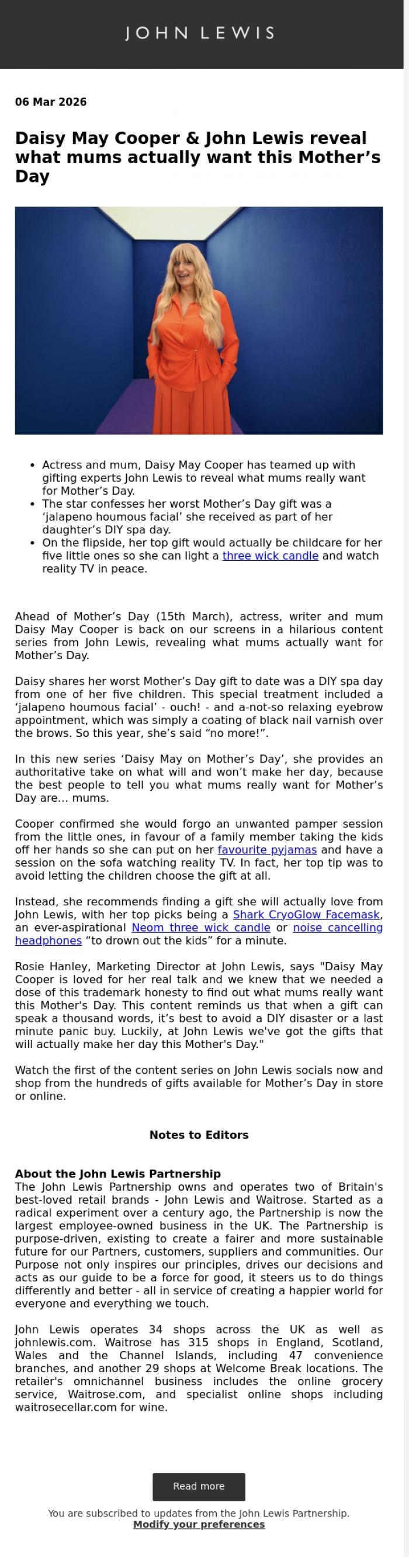 Email Design Inspiration from John Lewis Partnership, Daisy May Cooper & John Lewis reveal what mums actually want this Mother's Day