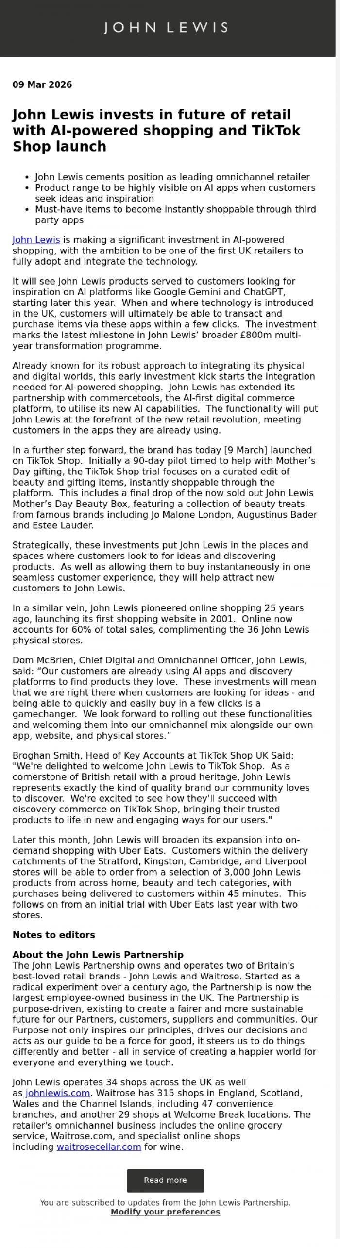 Email Design Inspiration from John Lewis Partnership, John Lewis invests in future of retail with AI-powered shopping and TikTok Shop launch