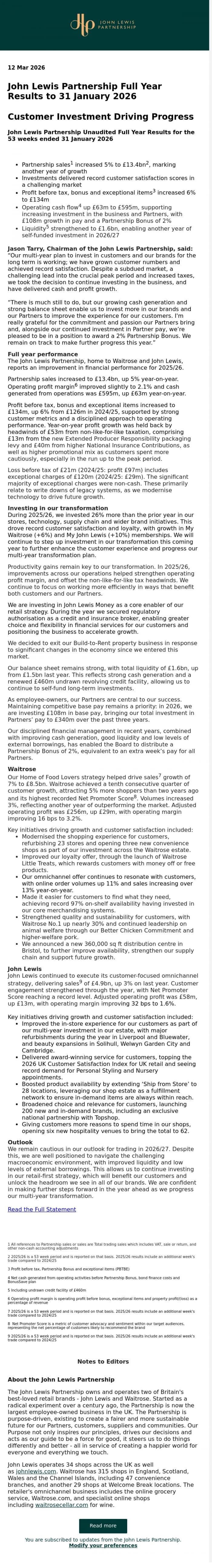 Email Design Inspiration from John Lewis Partnership, John Lewis Partnership Full Year Results to 31 January 2026