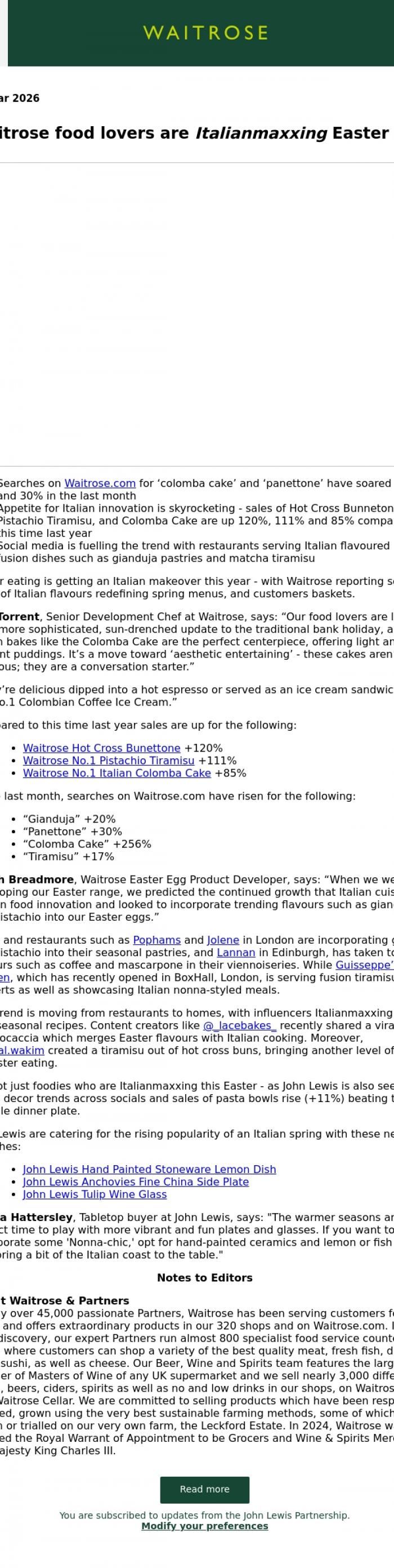 Email Design Inspiration from John Lewis Partnership, Waitrose food lovers are Italianmaxxing Easter