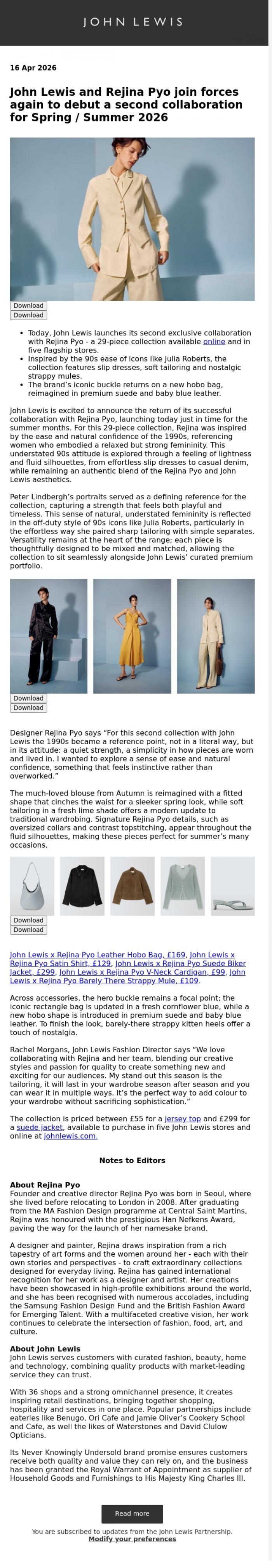 Email Design Inspiration from John Lewis Partnership, John Lewis and Rejina Pyo join forces again to debut a second collaboration for Spring / Summer 2026
