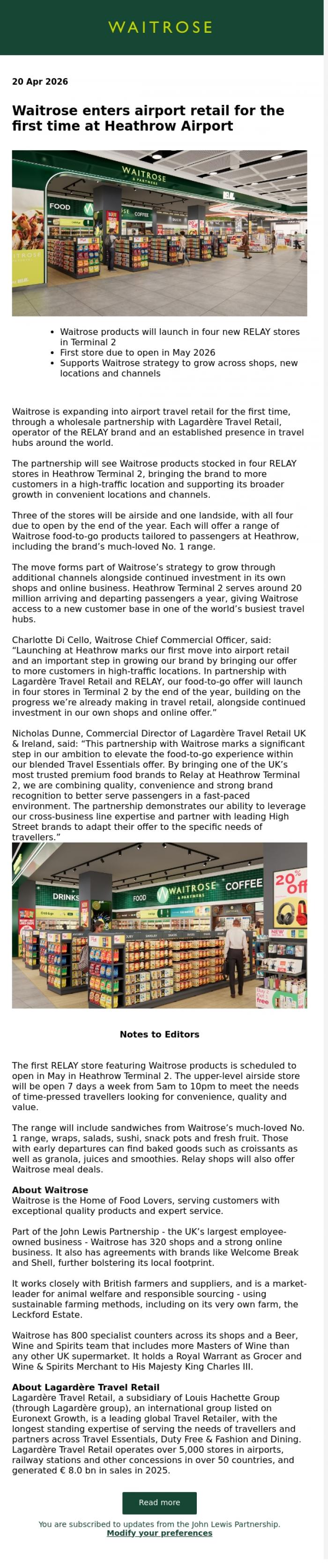 Email Design Inspiration from John Lewis Partnership, Waitrose enters airport retail for the first time at Heathrow Airport
