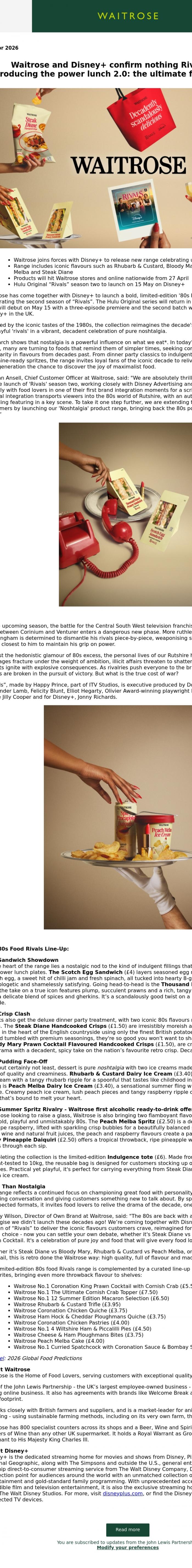 Email Design Inspiration from John Lewis Partnership, Waitrose and Disney+ confirm nothing Rivals the 80s. Introducing the power lunch 2.0: the ultimate flavour showdown