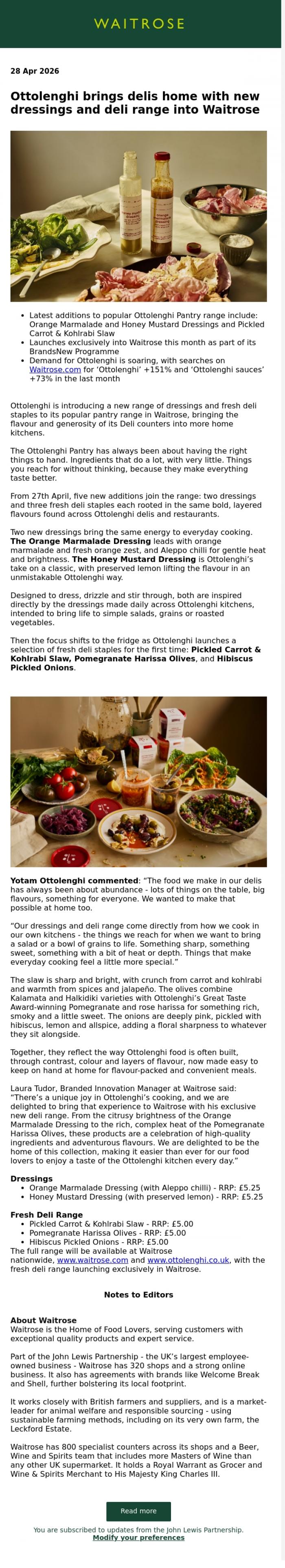 Email Design Inspiration from John Lewis Partnership, Ottolenghi brings delis home with new dressings and deli range into Waitrose