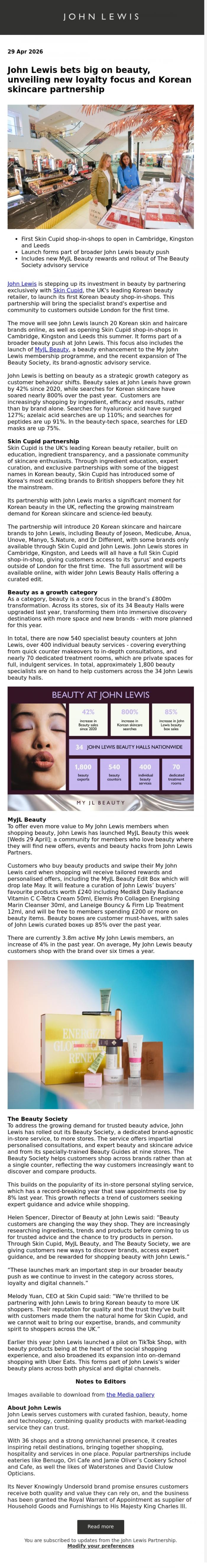Email Design Inspiration from John Lewis Partnership, John Lewis bets big on beauty, unveiling new loyalty focus and  Korean skincare partnership