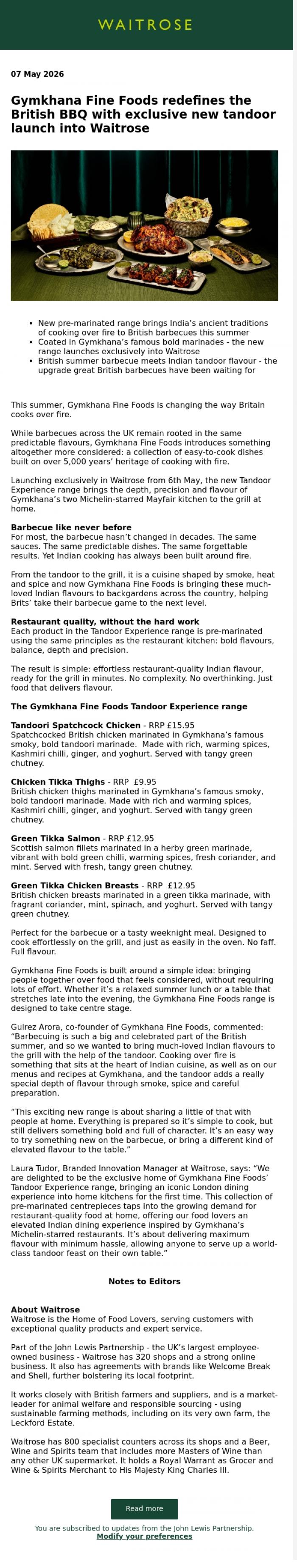 Email Design Inspiration from John Lewis Partnership, Gymkhana Fine Foods redefines the British BBQ with exclusive new tandoor launch into Waitrose
