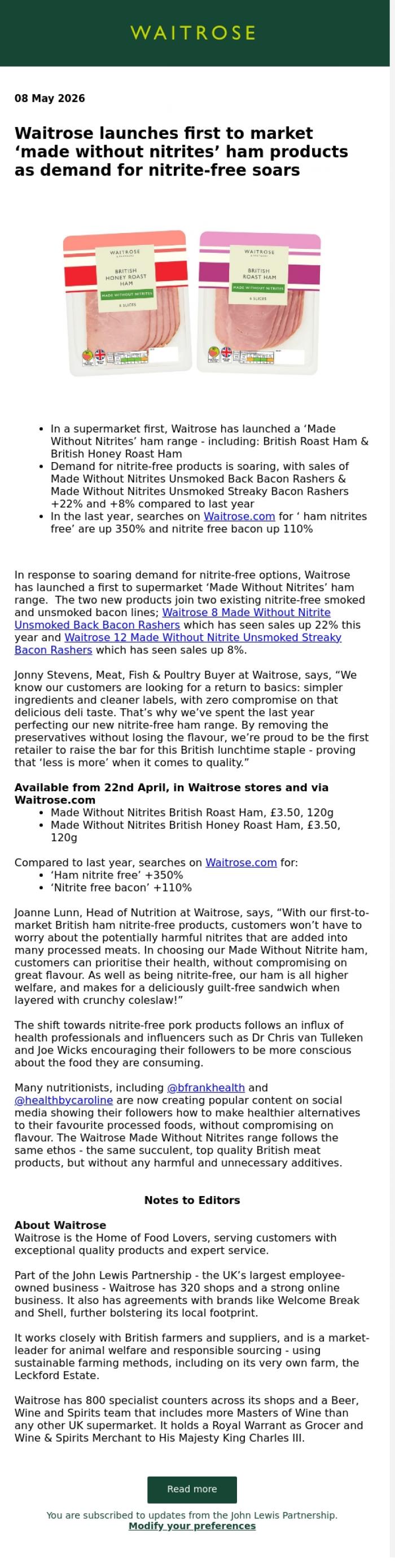 Email Design Inspiration from John Lewis Partnership, Waitrose launches first to market 'made without nitrites' ham products as demand for nitrite-free soars