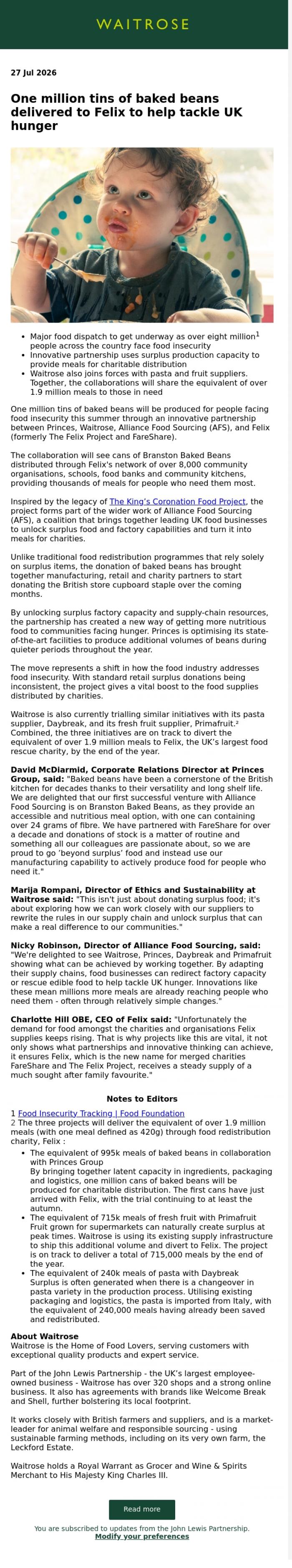 Email Design Inspiration from John Lewis Partnership, One million tins of baked beans delivered to Felix to help tackle UK hunger