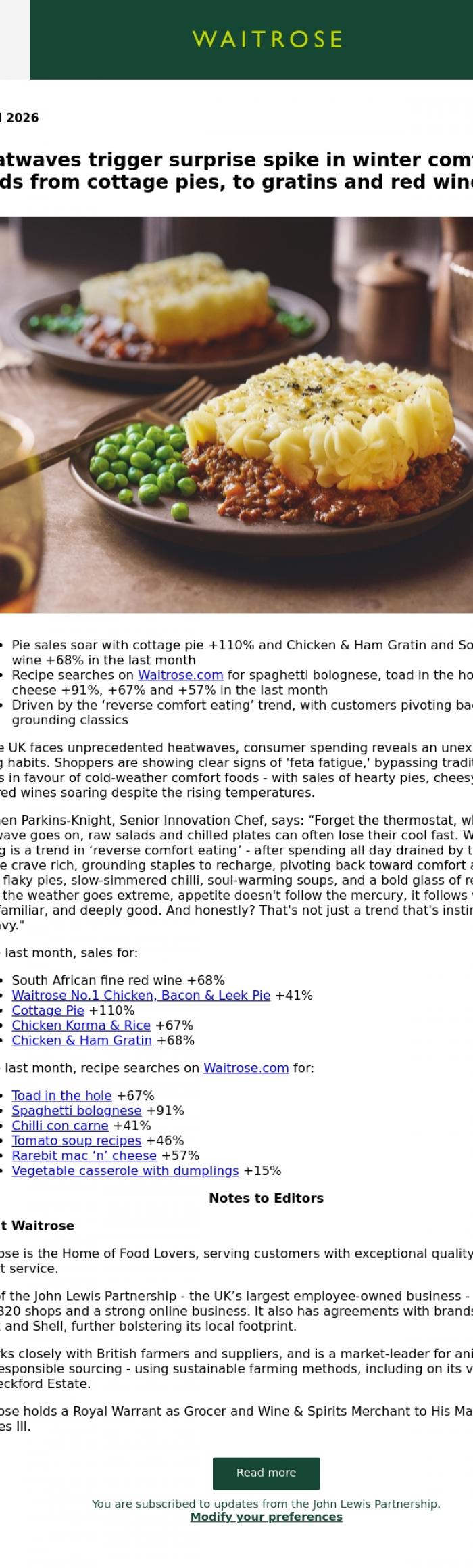 Email Design Inspiration from John Lewis Partnership, Heatwaves trigger surprise spike in winter comfort foods from cottage pies, to gratins and red wine