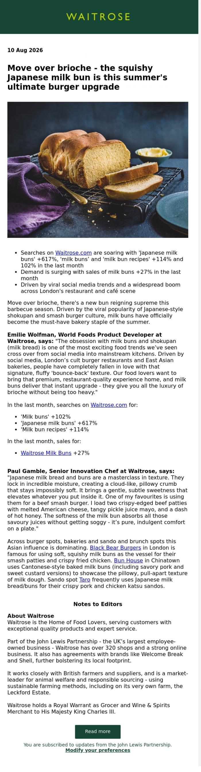 Email Design Inspiration from John Lewis Partnership, Move over brioche - the squishy Japanese milk bun is this summer's ultimate burger upgrade