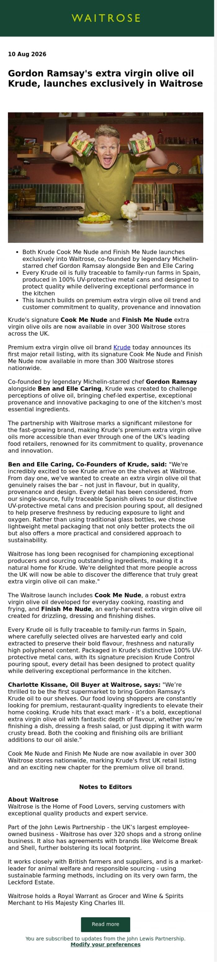 Email Design Inspiration from John Lewis Partnership, Gordon Ramsay's extra virgin olive oil Krude, launches exclusively in Waitrose