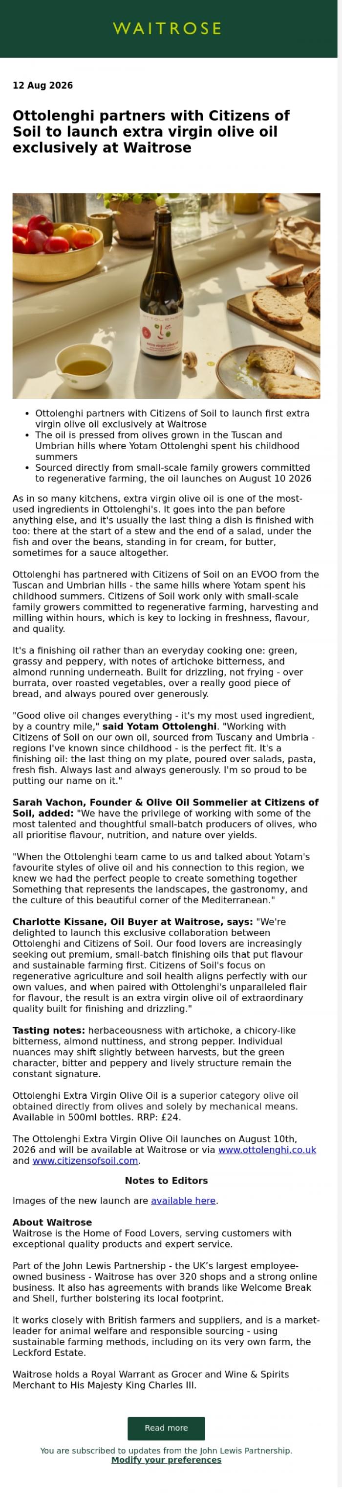 Email Design Inspiration from John Lewis Partnership, Ottolenghi partners with Citizens of Soil to launch extra virgin olive oil exclusively at Waitrose