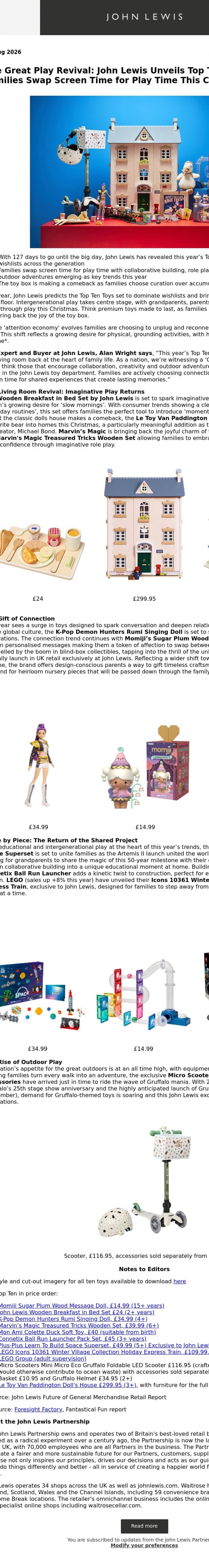 Email Design Inspiration from John Lewis Partnership, The Great Play Revival: John Lewis Unveils Top Ten Toys of 2026 as Families Swap Screen Time for Play Time This Christmas