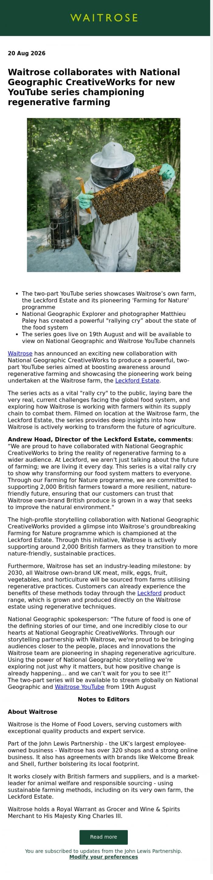 Email Design Inspiration from John Lewis Partnership, Waitrose collaborates with National Geographic CreativeWorks for new YouTube series championing regenerative farming