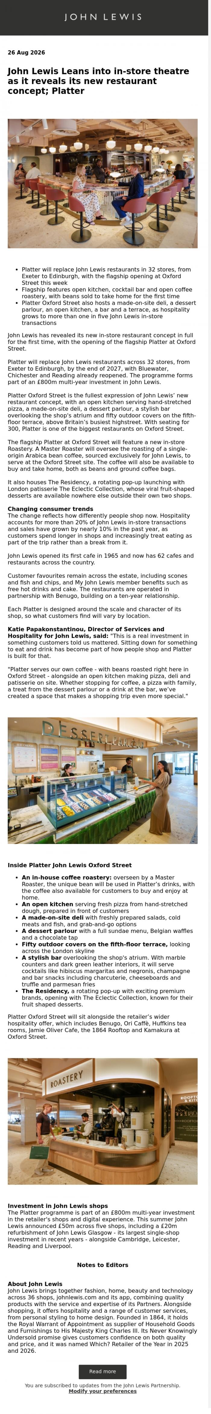 Email Design Inspiration from John Lewis Partnership, John Lewis Leans into in-store theatre as it reveals its  new restaurant concept; Platter