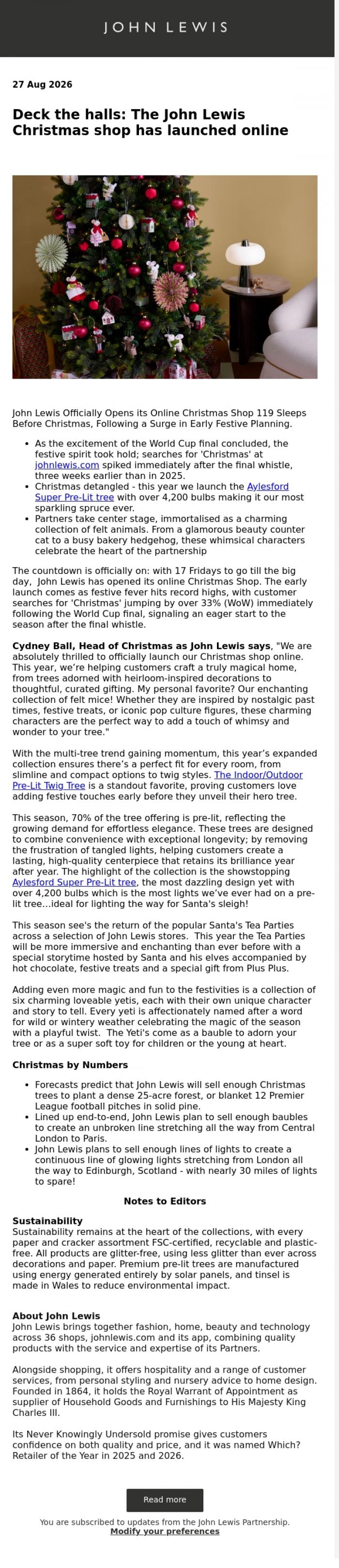 Email Design Inspiration from John Lewis Partnership, Deck the halls: The John Lewis Christmas shop has launched online