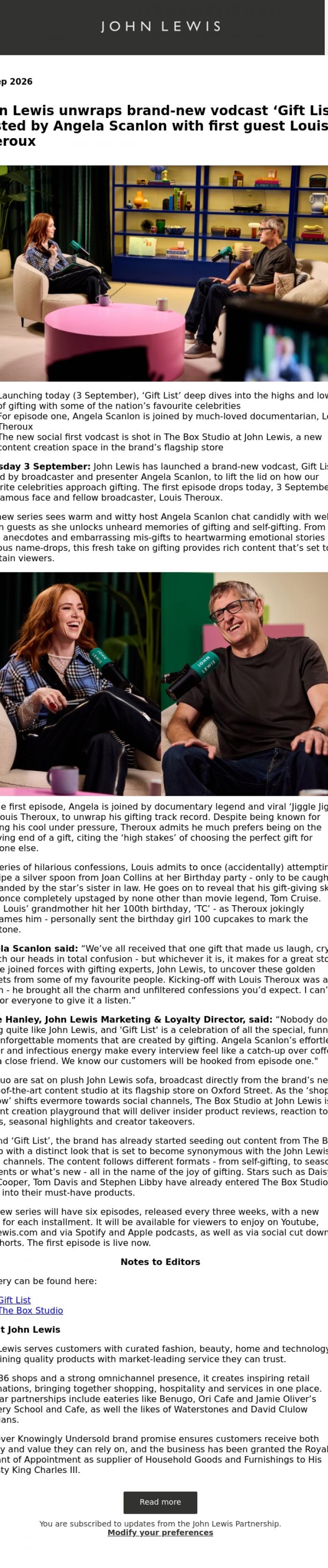 Email Design Inspiration from John Lewis Partnership, John Lewis unwraps brand-new vodcast 'Gift List' hosted by Angela Scanlon with first guest Louis Theroux