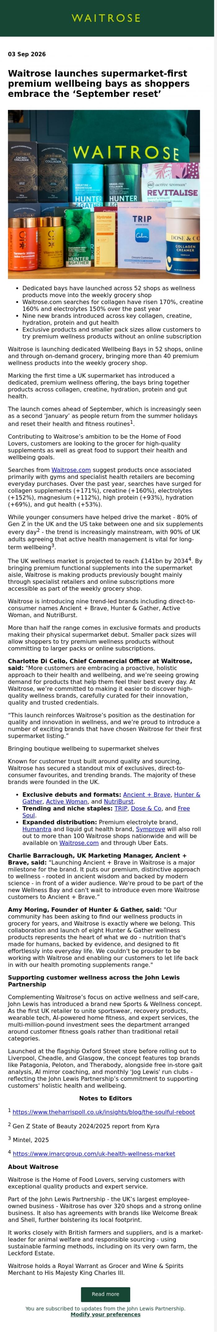 Email Design Inspiration from John Lewis Partnership, Waitrose launches supermarket-first premium wellbeing bays as shoppers embrace the 'September reset'
