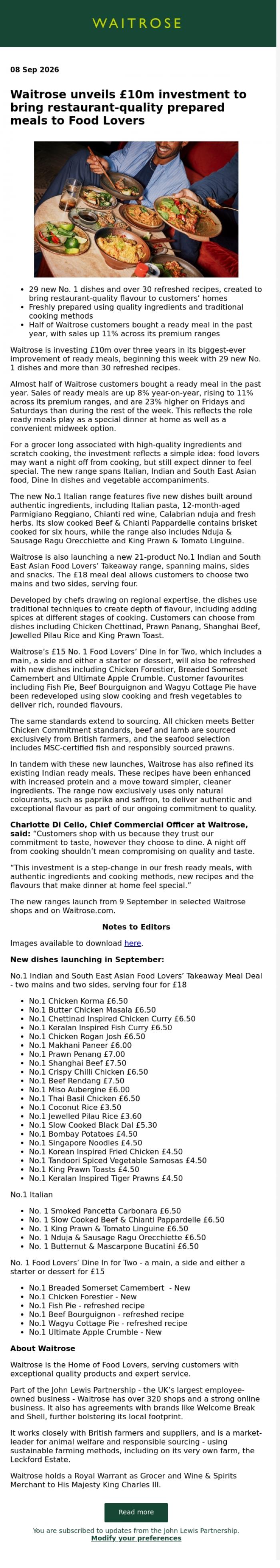 Email Design Inspiration from John Lewis Partnership, Waitrose unveils &pound;10m investment to bring restaurant-quality prepared meals to Food Lovers