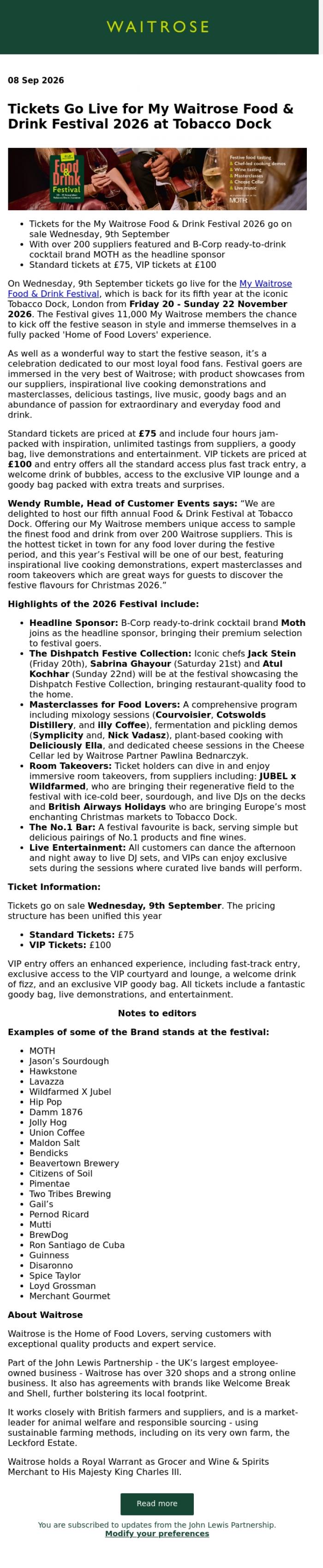 Email Design Inspiration from John Lewis Partnership, Tickets Go Live for My Waitrose Food & Drink Festival 2026  at Tobacco Dock