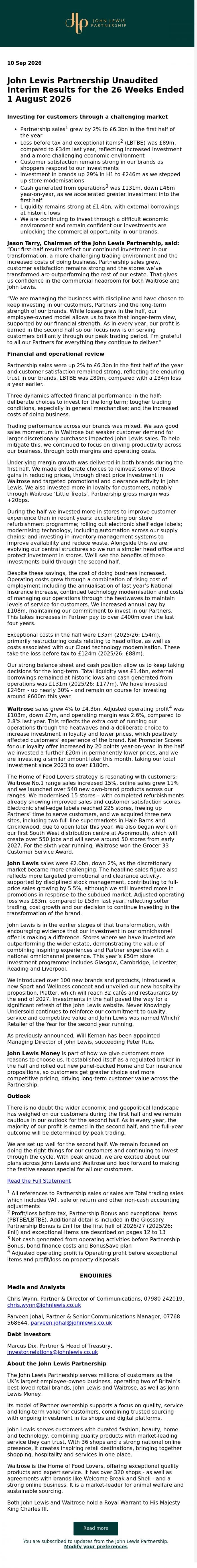 Email Design Inspiration from John Lewis Partnership, John Lewis Partnership Unaudited Interim Results for the 26 Weeks Ended 1 August 2026