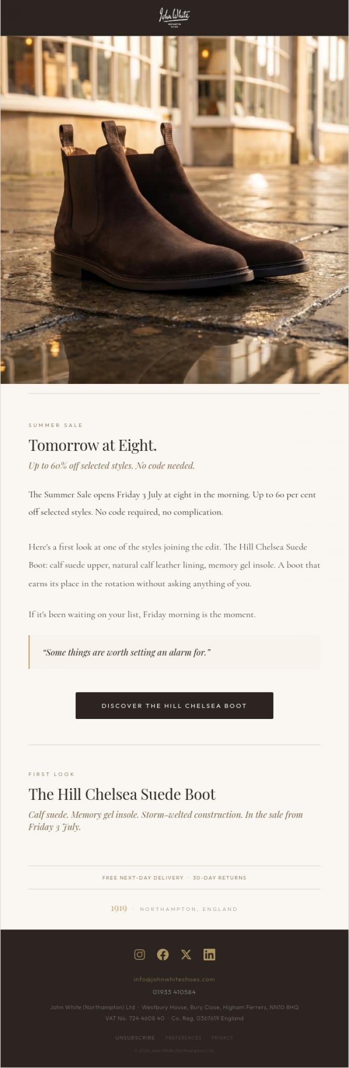 Email Design Inspiration from John White Shoes, Tomorrow at eight. No code needed.