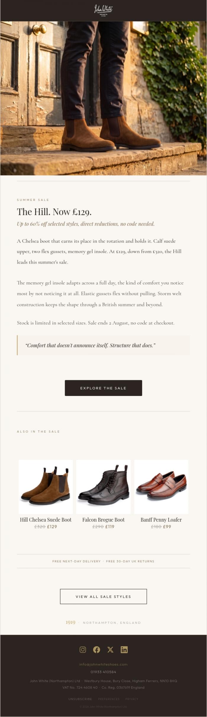 Email Design Inspiration from John White Shoes, Summer Sale now on. Up to 60% off.