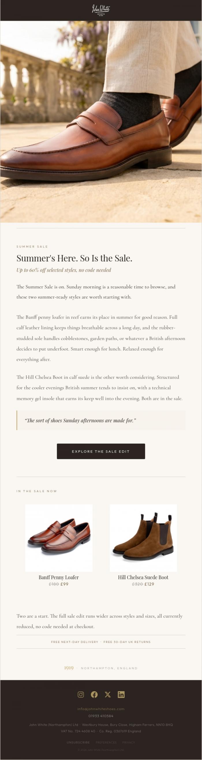 Email Design Inspiration from John White Shoes, Sunday morning. Up to 60% off.