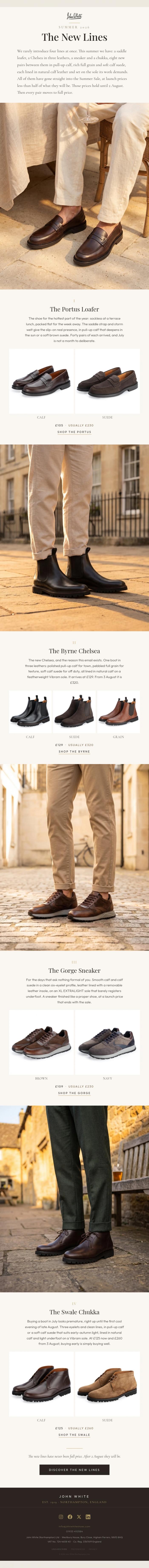 Email Design Inspiration from John White Shoes, Four new lines. All in the Sale.