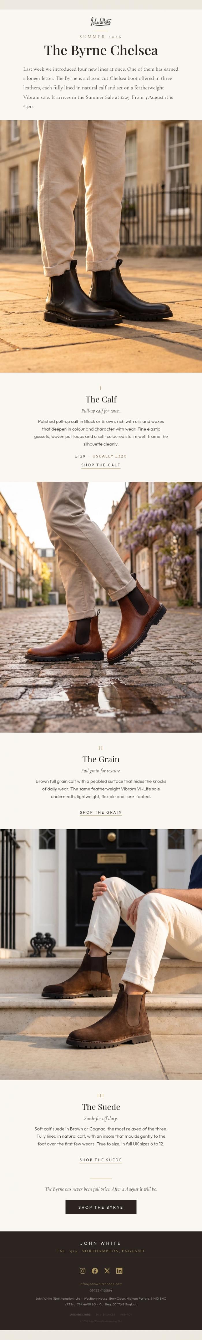 Email Design Inspiration from John White Shoes, The new Chelsea. &pound;129, not &pound;320.