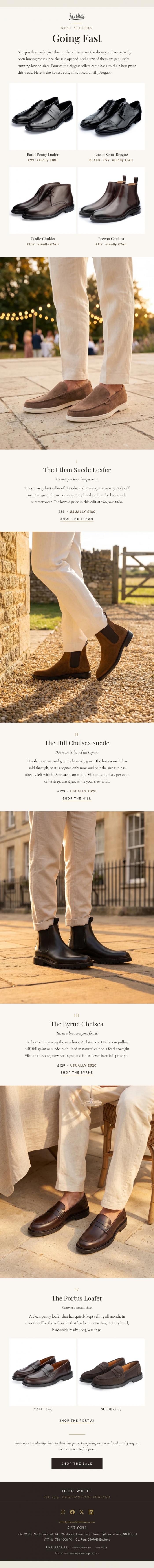 Email Design Inspiration from John White Shoes, Best of the sale, going fast