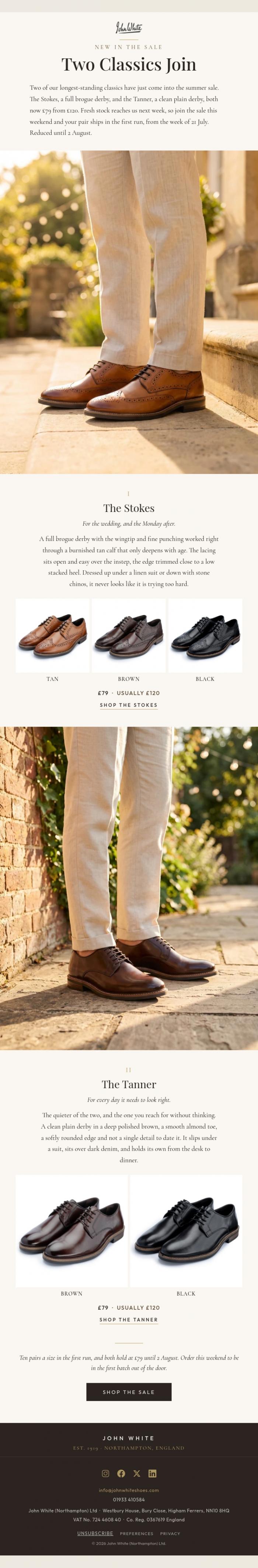 Email Design Inspiration from John White Shoes, New in the sale. Now &pound;79.