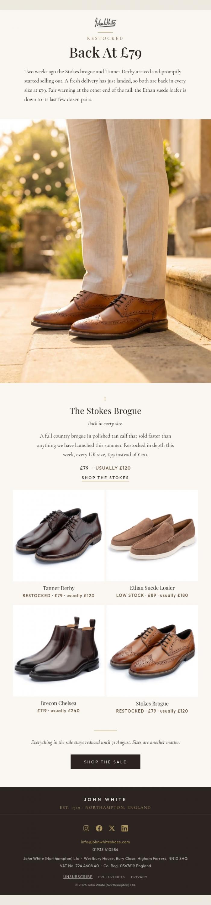 Email Design Inspiration from John White Shoes, Back in stock. &pound;79.