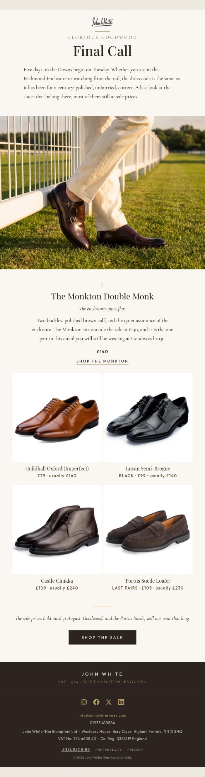 Email Design Inspiration from John White Shoes, Final call for Goodwood