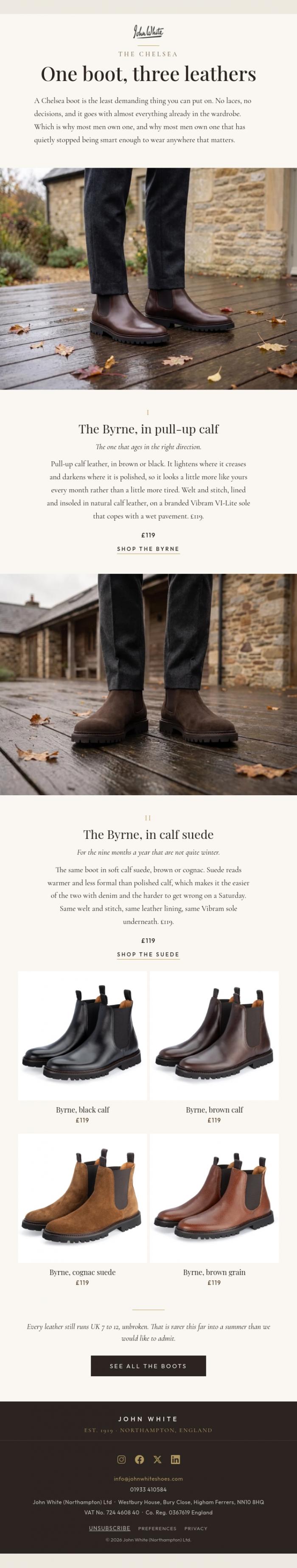 Email Design Inspiration from John White Shoes, One boot, three leathers