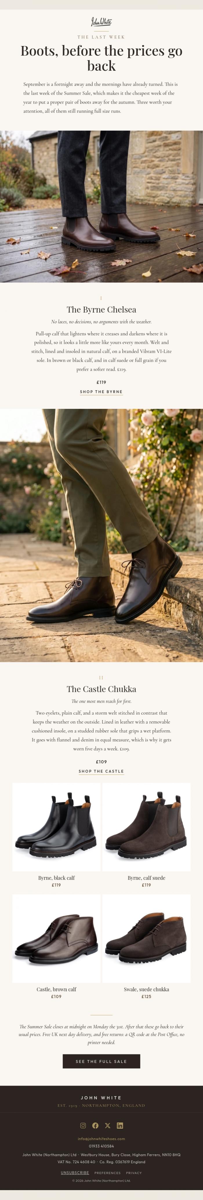 Email Design Inspiration from John White Shoes, Up to 60% off boots, until Monday night