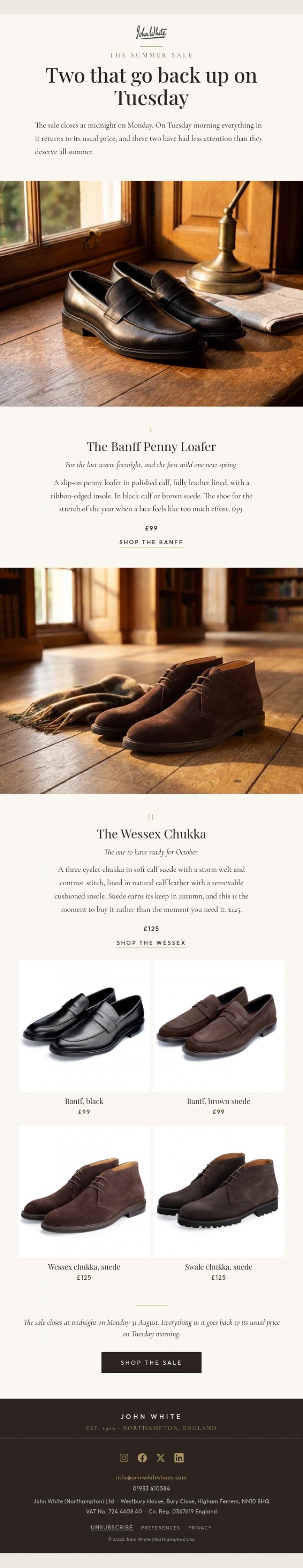 Email Design Inspiration from John White Shoes, Two that go back up on Tuesday