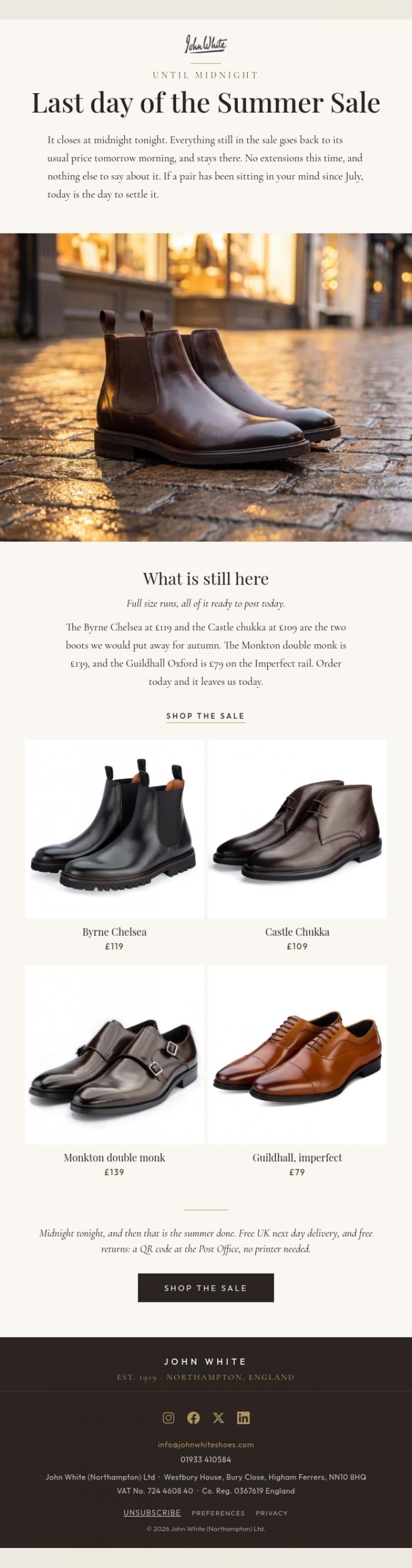 Email Design Inspiration from John White Shoes, Last day of the Summer Sale