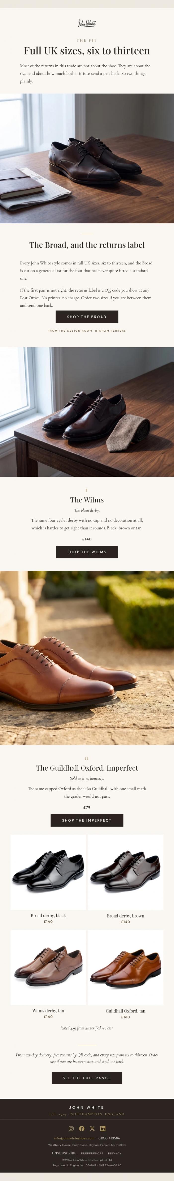 Email Design Inspiration from John White Shoes, Full UK sizes, six to thirteen
