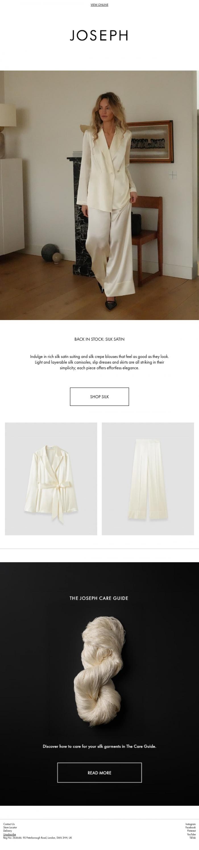 Email Design Inspiration from JOSEPH, Back in stock: Silk Satin