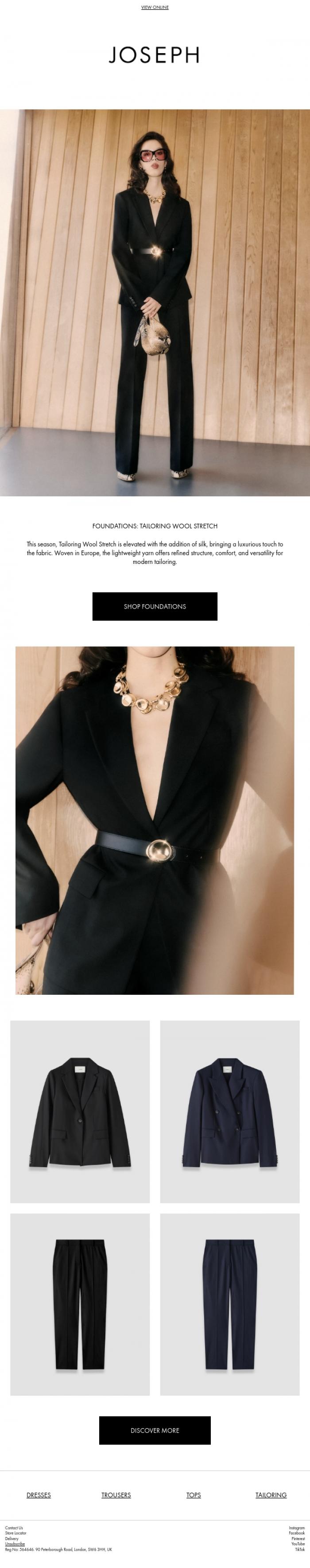 Email Design Inspiration from JOSEPH, Foundations: Tailoring Wool Stretch