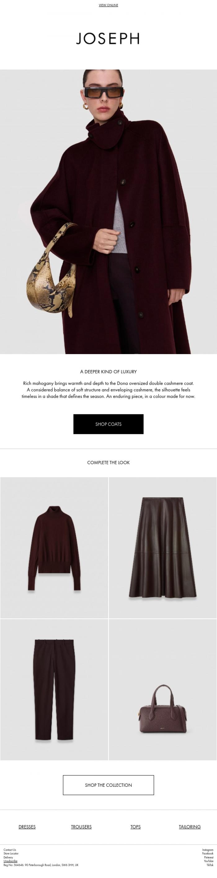 Email Design Inspiration from JOSEPH, The Dona Cashmere Coat in Mahogany