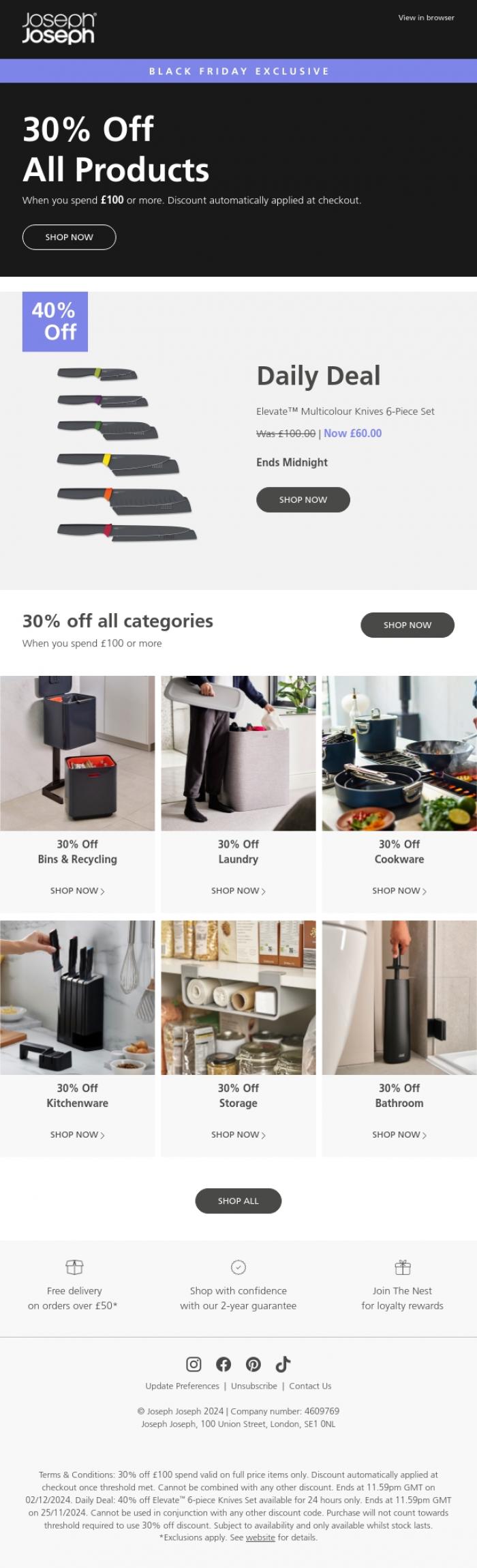 Email Design Inspiration from Joseph Joseph, 30% off EVERYTHING &rarr;