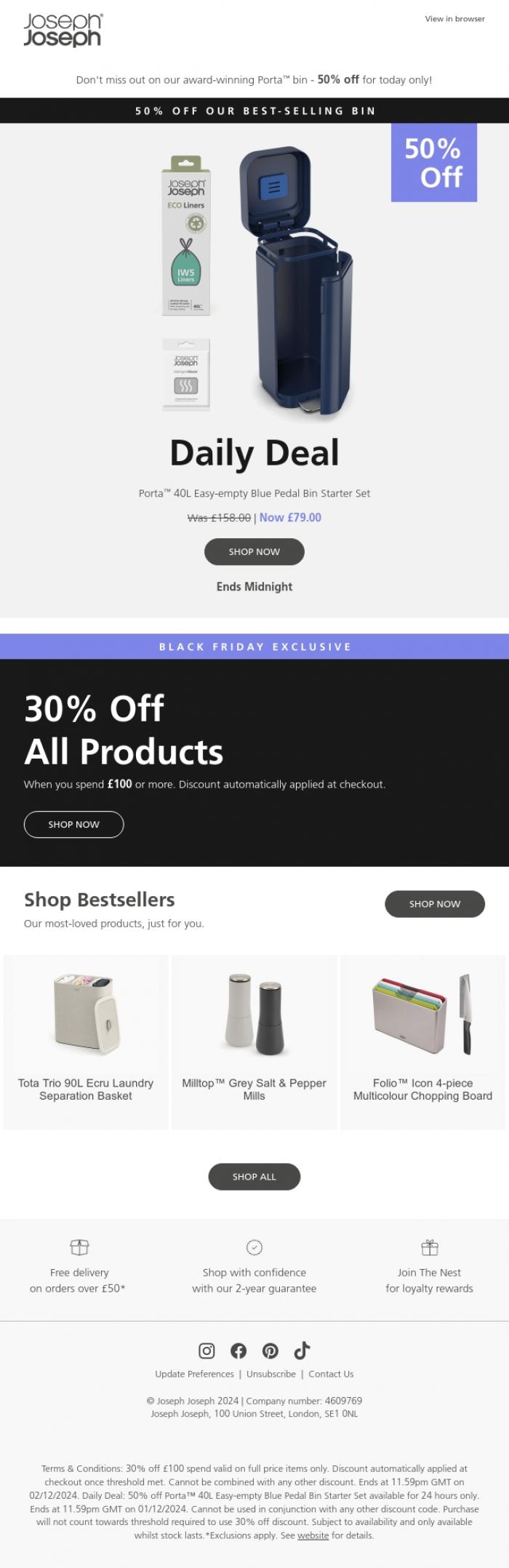 Email Design Inspiration from Joseph Joseph, 50% OFF our bestselling bin | 24 hours only