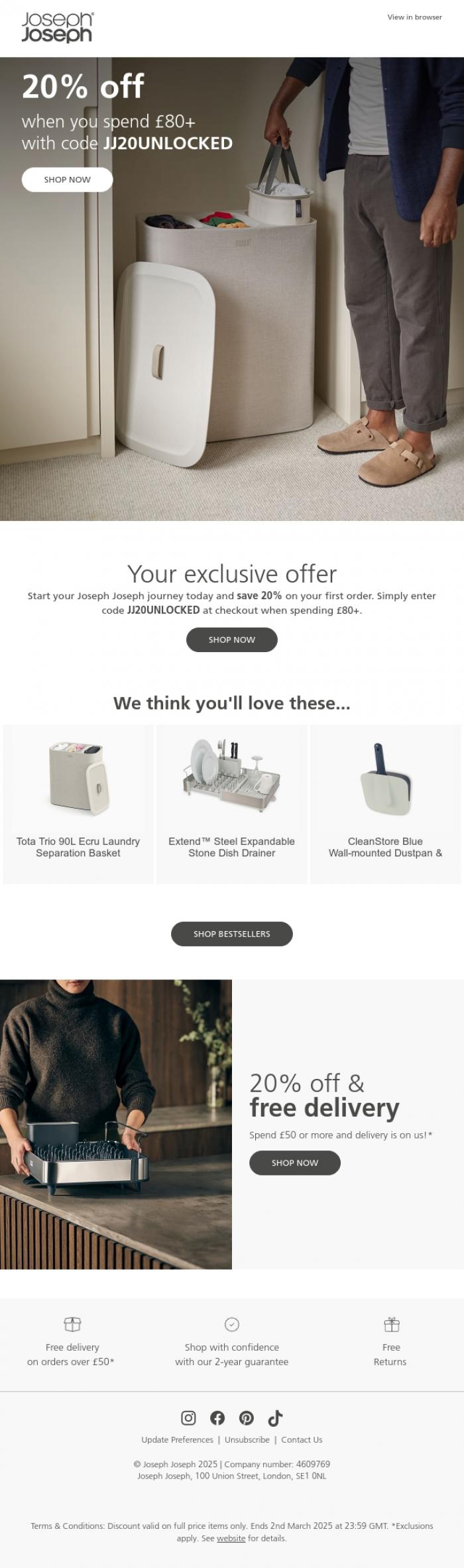 Email Design Inspiration from Joseph Joseph, 20% off your first order