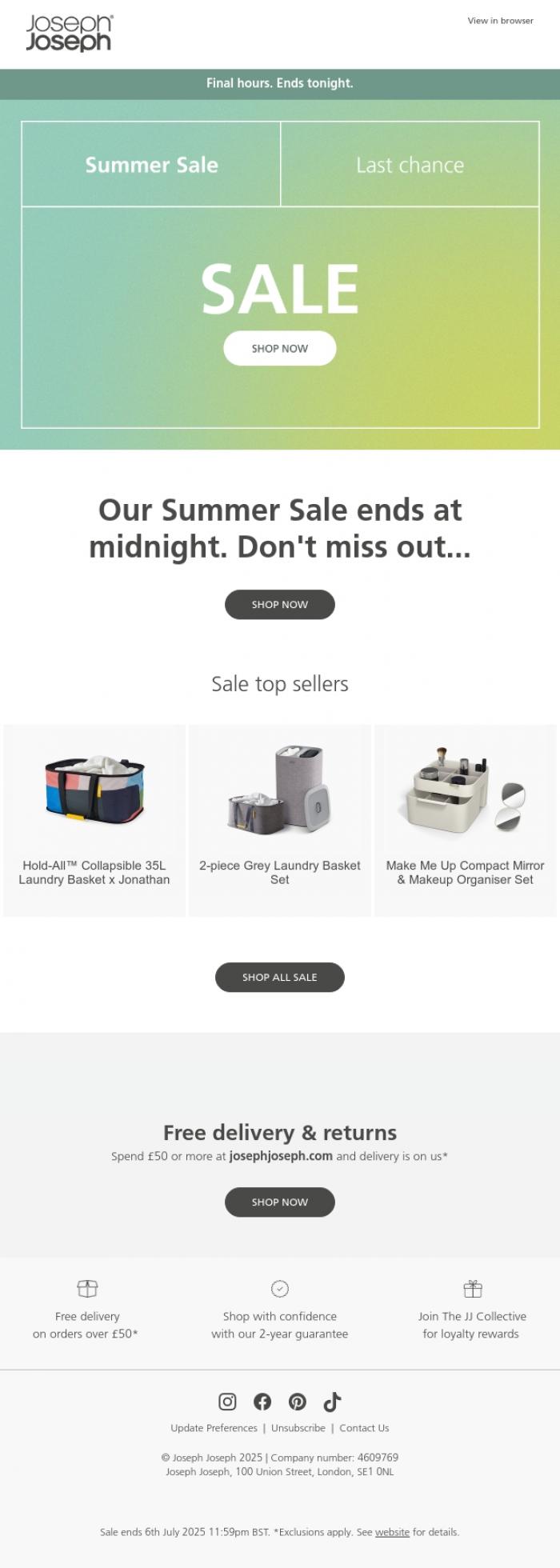 Email Design Inspiration from Joseph Joseph, Our Summer Sale ends midnight