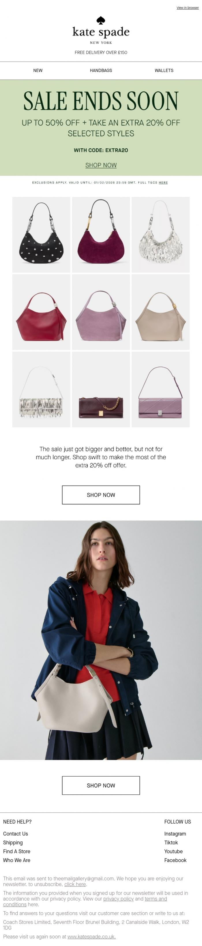 Email Design Inspiration from kate spade new york, Your extra 20% off code expires soon